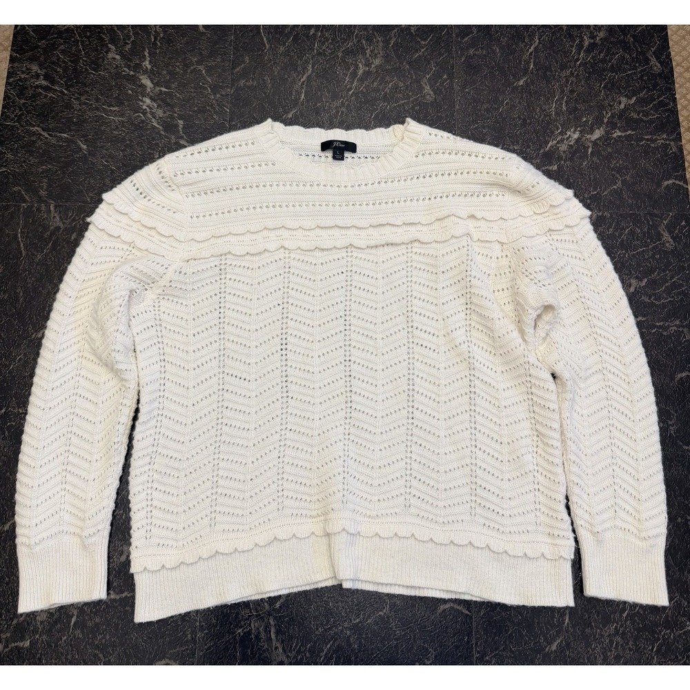 J.CREW Women's Pullover Scalloped Pointelle Crewneck Sweater Cream Size Large